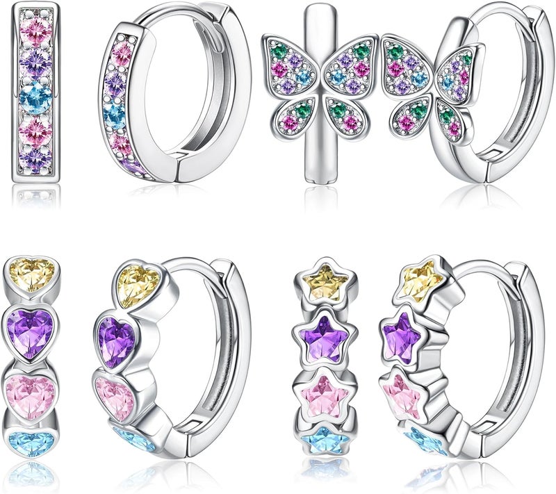 Yadoca 4 Pairs Hypoallergenic Hoop Earrings For Girls Women Small Huggie Earrings Double Love Heart Hoop Earrings Tiny Cute CZ Butterfly Star Cartilage Earrings Hoop Jewelry For Sensitive Ear - Image 1